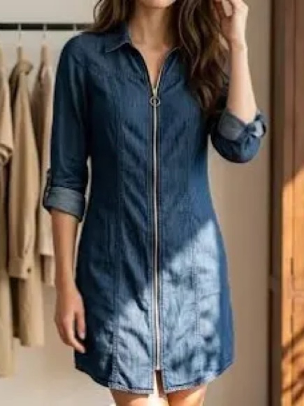 Guess Navy Denim Zip-Front Mini Dress